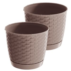 2x stuks ronde gevlochten plantenpotten/bloempotten kunststof dia 25 cm en hoogte 22 cm taupe