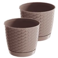 2x stuks ronde gevlochten plantenpotten/bloempotten kunststof dia 25 cm en hoogte 22 cm taupe