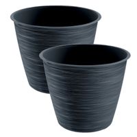 2x stuks stijlvolle kunststof plantenpot/bloempot dia 15 cm/hoogte 12.5 cm Paintstripe antraciet gri