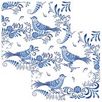 Paperdesign Servetten Vogel - 40x stuks - 3 laags - 33 x 33 cm - Delfs blauw