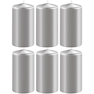 6x Metallic zilveren cilinderkaarsen/stompkaarsen 6 x 10 cm 36 branduren