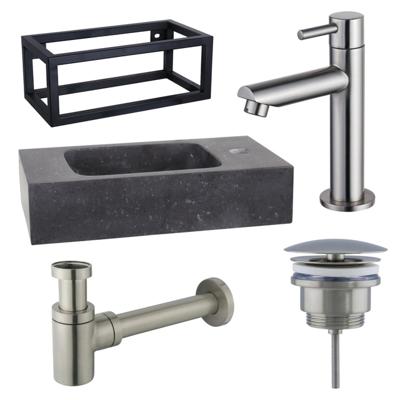 Fortifura Fuente fonteinset - 40x22x24.5cm - 1 kraangat - natuursteen - zwart frame - fonteinkraan RVS geborsteld - zwart SW696237/SW696207/SW696217/SW373151/SW533192