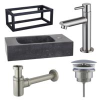 Fortifura Fuente fonteinset - 40x22x24.5cm - 1 kraangat - natuursteen - zwart frame - fonteinkraan RVS geborsteld - zwart SW696237/SW696207/SW696217/SW373151/SW533192