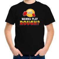 Funny emoticon t-shirt Wanna play rough zwart voor kids - thumbnail