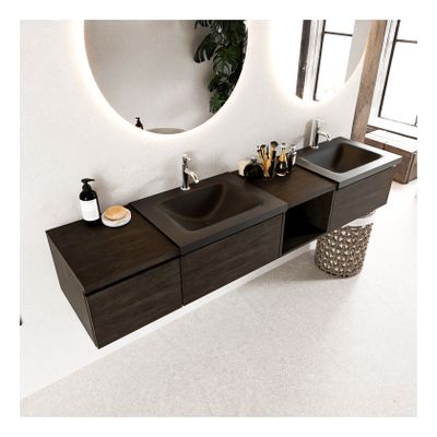 Mondiaz Bukla 200cm badmeubel met open module 40 rechts dark brown 3 lades met wastafel dubbel 2 kraangaten kleur urban