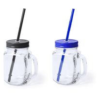 Set van 6x glazen drinkbekers dop/rietje 500 ml zwart/blauw