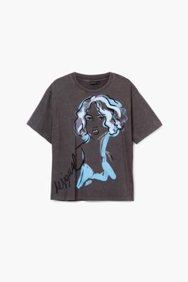 T-shirt met gezichtsillustratie - BLACK - XL