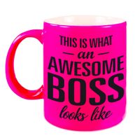 Awesome boss cadeau mok / beker voor baas neon roze 330 ml - thumbnail