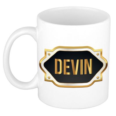 Naam cadeau mok / beker Devin met gouden embleem 300 ml