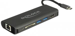 DeLOCK USB Type-C 3.1 Docking Station HDMI 4K 30 Hz, Gigabit LAN en USB PD functie dockingstation HDMI, USB-C, USB-A, SD-kaartlezer