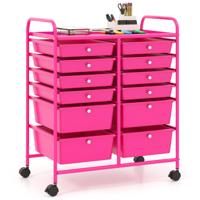 Rollwagen met 12 Stapelbare Ladesystemen Ladesysteem Rollcontainer met Metalen Frame en Opbergruimte Roze Rollwagen met 12 Stapelbare Ladesystemen Ladesysteem Rollcontainer met Metalen Frame en Opbergruimte Roze