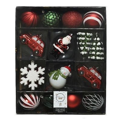 Kerstballen Mixdoos 25 st. - Rood/Groen/Wit - Decoris