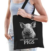 Cadeau tas voor boerderijdierenliefhebber - varkens - zwart - katoen - 42 x 38 cm