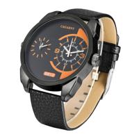 CAGARNY 6813 modieuze Dual klok Quartz Business polshorloge met lederen Band voor mannen (zwarte behuizing zwarte Band)