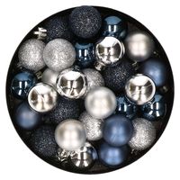 28x stuks kunststof kerstballen zilver en donkerblauw mix 3 cm - thumbnail