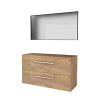 Basic-Line Framed 46 Badkamermeubelset - 120 x 46 cm - Met Grepen - 2 Lades - Wastafelblad - Spiegel met Zwart Aluminium Frame - Whisky Oak