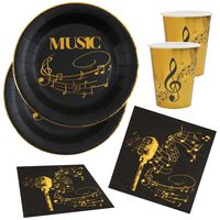 Muziek thema feest wegwerp servies set - 20x bordjes / 20x bekers / 20x servetten - goud/zwart - thumbnail