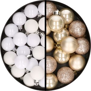 34x stuks kunststof kerstballen wit en champagne 3 cm