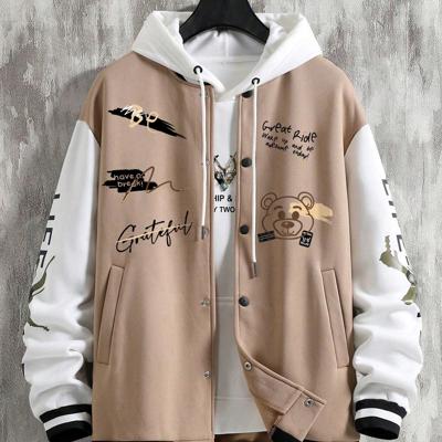 Bon&Bon Men's Cartoon Bear Print Bomber Jacket | Black Casual Coat Apricot / S