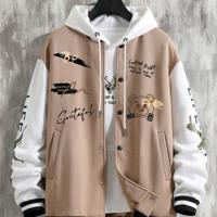 Bon&Bon Men's Cartoon Bear Print Bomber Jacket | Black Casual Coat Apricot / S