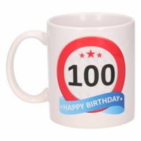 100 jaar Verjaardag koffiemok - cadeau beker - stopbord print - 300 ml - keramiek - wit
