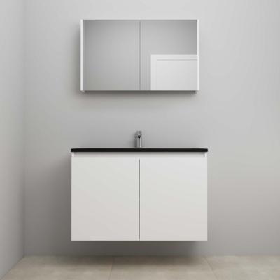 On-Line Badkamermeubelset - 100 cm - Bouwpakket - Greeploze Ladestructuur - Acryl Wastafel - 1 Kraangat - Spiegelkast - Hoogglans Wit