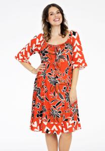 Yoek Jurk wijde hals MIX PRINT | Rood | Maat 54/56