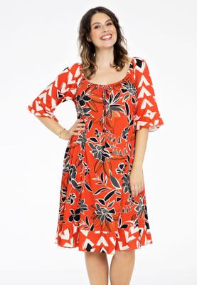 Yoek Jurk wijde hals MIX PRINT | Rood | Maat 50/52