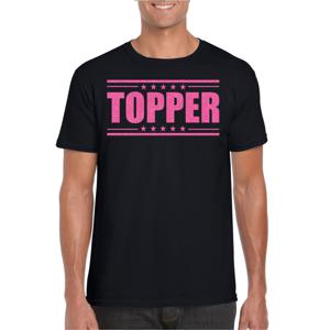 Bellatio Decorations Verkleed T-shirt voor heren - topper - zwart - roze glitters - feestkleding 2XL  -