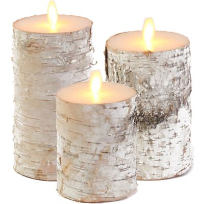 Set van 3x stuks Wit berkenhout Led kaarsen met bewegende vlam Set van 3x stuks Wit berkenhout Led kaarsen met bewegende vlam