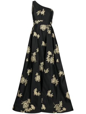 Marchesa Notte robe asymétrique à fleurs brodées - Noir