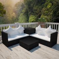 4-delige Loungeset met kussens poly rattan zwart