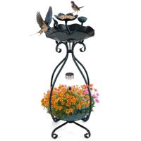 Vogelbad met Zonnepaneel Vogelvoederautomaat Bloempot met Decoratieve Lotus en Bladeren Groen