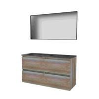 Basic-Line Framed 46 Badkamermeubelset - 120 x 46 cm - Greeploos - 2 Lades - Hardstenen Wastafel - 2 Kraangaten - Spiegel met Zwart Aluminium Frame - Scotch Oak