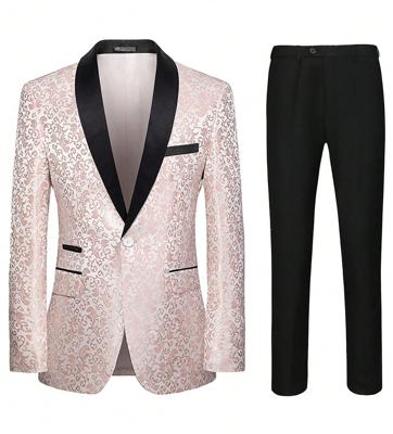 Bon&Bon Men's Slim Fit Floral Tuxedo Suit - Blue Shawl Lapel Blazer Set Pink / S