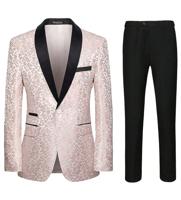 Bon&Bon Men's Slim Fit Floral Tuxedo Suit - Blue Shawl Lapel Blazer Set Pink / S