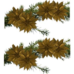 8x stuks kerstboom bloemen op clip glitter goud 9.5 cm