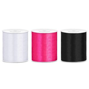 3x rollen hobby decoratie satijnlint zwart-wit-fuchsia roze 10 cm x 25 meter - Cadeaulinten