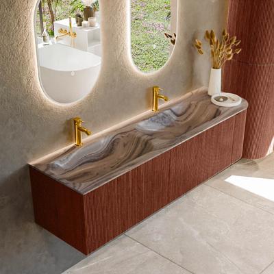 Badmeubel Mondiaz Kurve-Dlux | 165 cm | Meubelkleur Ruby | Wastafelkleur Sombra | Solid surface | Dubbel / Links spoelbak | 2 kraangaten