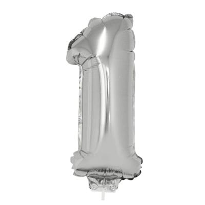 Zilveren opblaas cijfer ballon - 1 jaar - op stokje - H41 cm - Leeftijd versiering