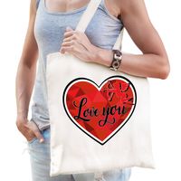 Cadeau tasje valentijn - Love you - naturel wit katoen - Feest Boodschappentassen