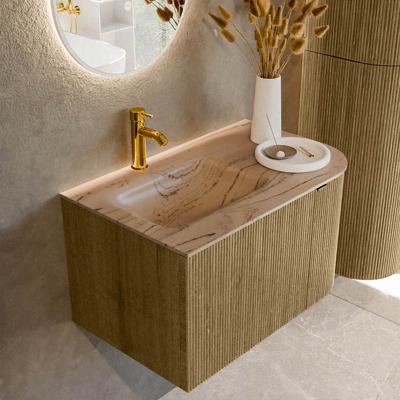 Badmeubel Mondiaz Kurve-Dlux | 75 cm | Meubelkleur Dusk | Wastafelkleur Arena | Solid surface | Wasbak linker zijde spoelbak | 1 kraangat