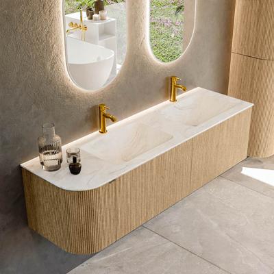 Badmeubel Mondiaz Kurve-Dlux | 155 cm | Meubelkleur Oak | Wastafelkleur Ostra | Solid surface | Dubbele spoelbak | 2 kraangaten