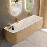 Badmeubel Mondiaz Kurve-Dlux | 155 cm | Meubelkleur Oak | Wastafelkleur Ostra | Solid surface | Dubbele spoelbak | 2 kraangaten