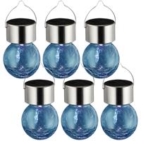 Sunnydays Solar sfeer hanglamp - 6x - tuin - lampenbol - blauw - glas - 9 cm