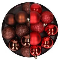 24x stuks kunststof kerstballen mix van donkerbruin en rood 6 cm - Kerstbal