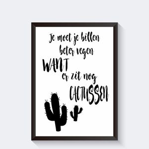 Zwart wit toilet poster cactus en grappige tekst