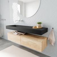 Mondiaz Alan badmeubel 150 cm washed oak 2 lades vrijhangend wastafel links zonder kraangat zwart