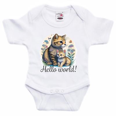 Baby rompertje - hallo wereld - kitten - wit - kraam cadeau - babyshower - cadeau romper
