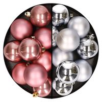 24x stuks kunststof kerstballen mix van zilver en oudroze 6 cm - Kerstbal - thumbnail